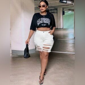 Ripped Raw Hem Denim Shorts